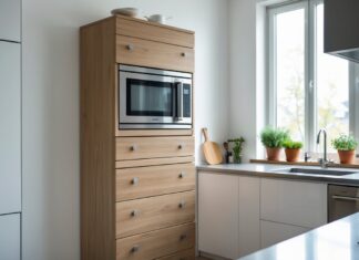 Sådan optimerer du pladsen i køkkenet med en høj kommode og mikrobølgeovn