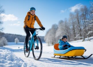 Sjov vintertræning på cykel og kælk med rat
