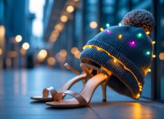 Perfekte accessories til en aften i byen: højhælede sandaler og hue med lys til fest