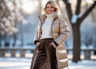 Sådan holder du varmen med stil: velourbukser og lang dynejakke til vinterbrug