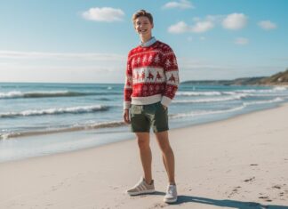 Sådan kombinerer du julesweateren med strandsko til sommerbrug