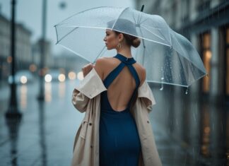 Sådan styler du kjole med åben ryg til regnvejrsdage