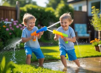 Sjove aktiviteter for tvillinger: vandpistoler til leg i haven