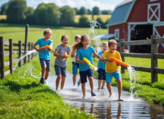 Sjove aktiviteter på bondegården med vandpistoler til børn
