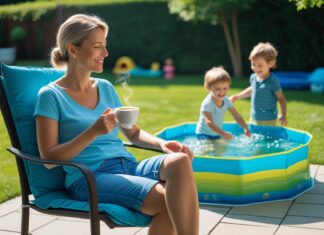 Nyd en kop kaffe mens børnene leger i det sammenklappelige badebassinet