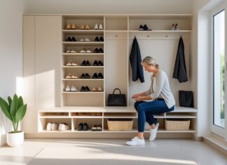 Praktiske løsninger til entréen: skohylder og bænk med opbevaring