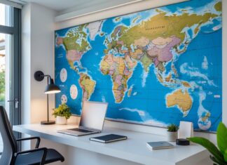 Sådan indretter du dit hjemmekontor med verdenskort og væghængt skrivebord