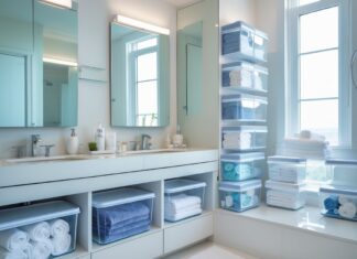 Sådan organiserer du dit badeværelse med spejle og plastkasser med låg opbevaring