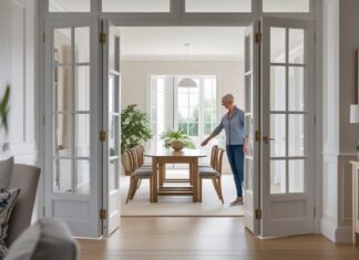 Sådan skaber du en elegant overgang mellem rum med franske døre og spisebord med klapper