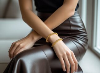 Sådan styler du en lædernederdel med et guldarmbånd