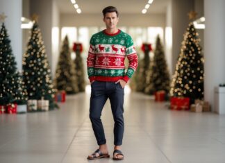 Sådan styler du julesweateren med flade sandaler til mænd