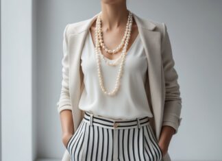 Sådan styler du stribede bukser med perlehalskæder