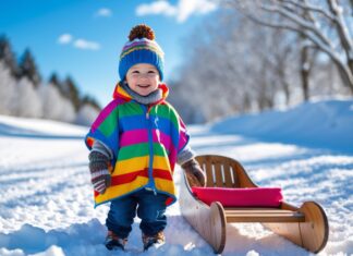 Vintereventyr med badeponcho og bobslæde i sneen