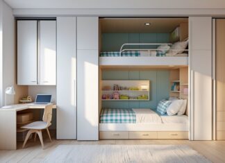 Pladsbesparende løsninger til børneværelset med skydelåger og køjeseng med skrivebord løsninger