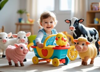 Sjov med dukkevogne og dyr fra bondegården til sjov