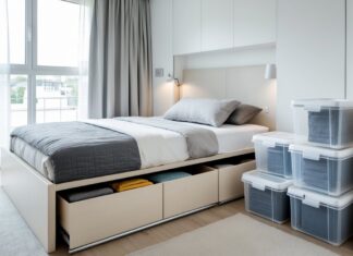 Smart opbevaring til soveværelset med enkeltseng med opbevaring og plastkasser med låg