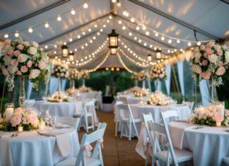 Ideer til festpynt til et bryllup under telt