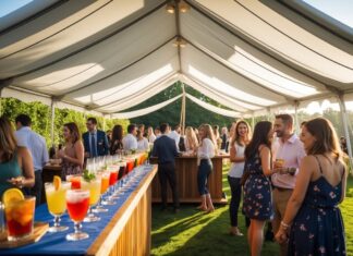 Udendørs fest med drinksbar i et mastetelt