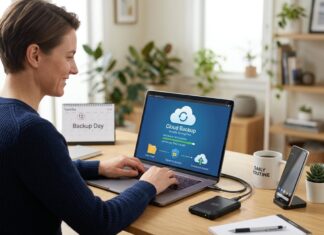 Sådan sikrer du dine digitale filer med backup i hverdagen Kvinde der laver backup